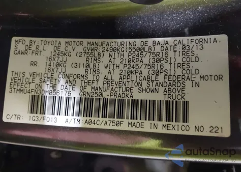 2013 Toyota Tacoma Base V6 from USA, damaged, VIN 3TMMU4FN3DM056176